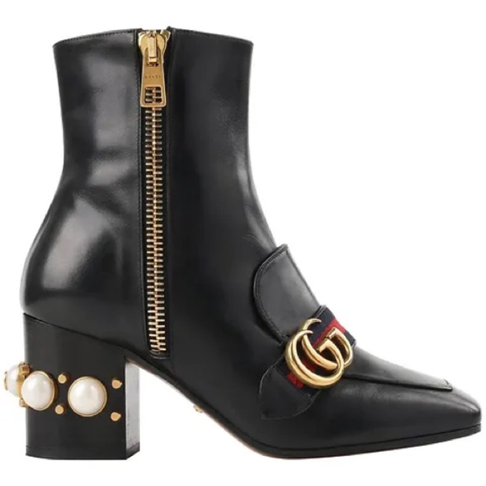 Gucci Betis Glamour Calfskin Web Pearl Embellished Peyton 75mm Ankle Boot
